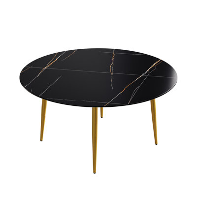 Table ronde moderne en pierre frittée de 58,21 po, structure en métal doré, capacité 6, pour table ronde pour 6 personnes à température et à températures élevées, fabrication, brûlures, entretien facile