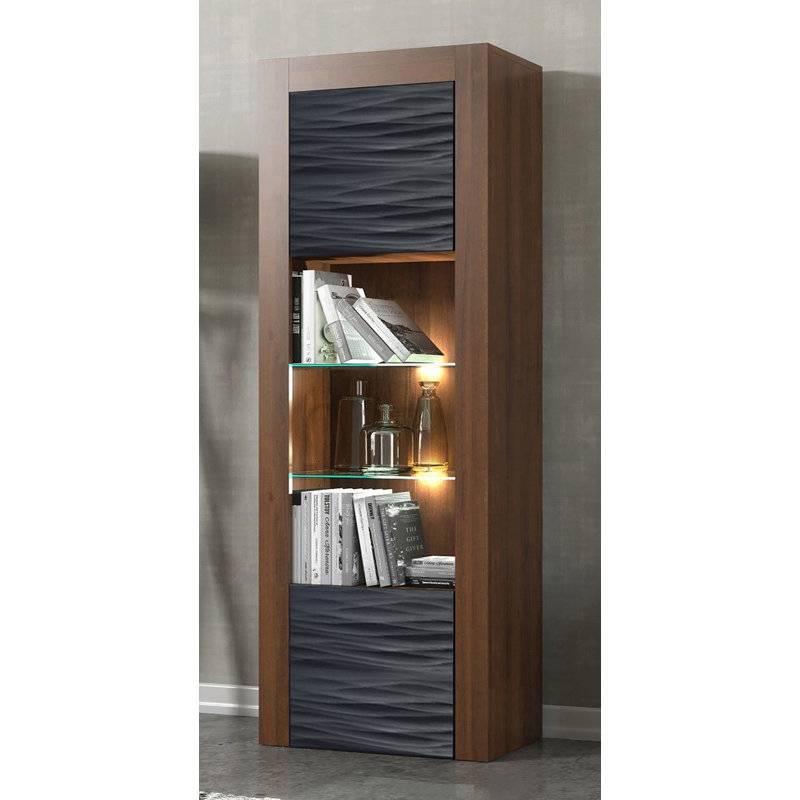 Casey-May 25" Bookcase with LED Lighting, Glass Shelves, Glass Doors, Walnut/Wavy Black