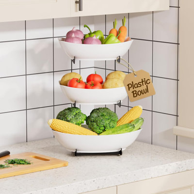 Panier à fruits en plastique pour comptoir de cuisine, support à fruits à 3 niveaux avec support en métal noir, plateau de service pour nourriture, légumes, gâteau, dessert en fête