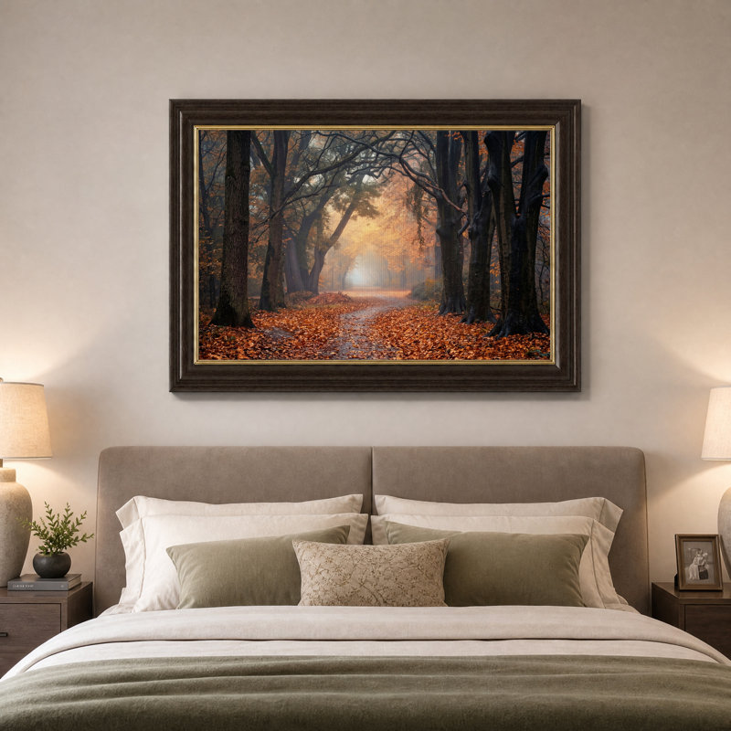 Chemin forestier brumeux d'automne avec des feuilles oranges, tableau sur toile, 16"H x 24"W