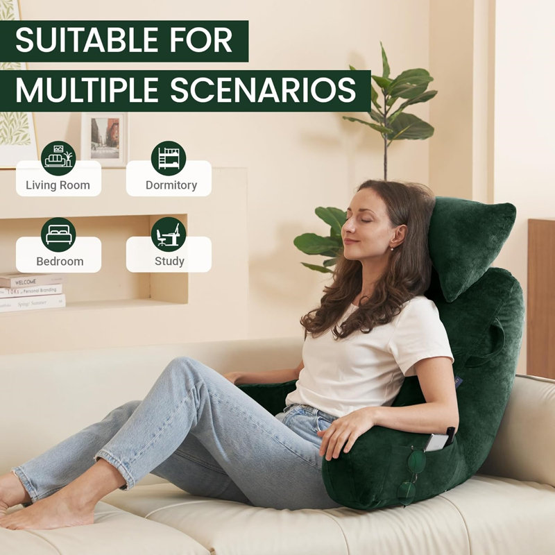Portable Reading Pillows With Headrest For Bed Sitting Up, Back Pillow With Arms & Pockets,For Dorm/Reading/Watching/Gaming