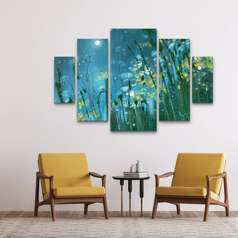 Ensemble de 5 panneaux muraux - Jennifer Taylor Art «Midnight Dream Teal Green», art mural sur toile pour le salon, la chambre à coucher ou le bureau 