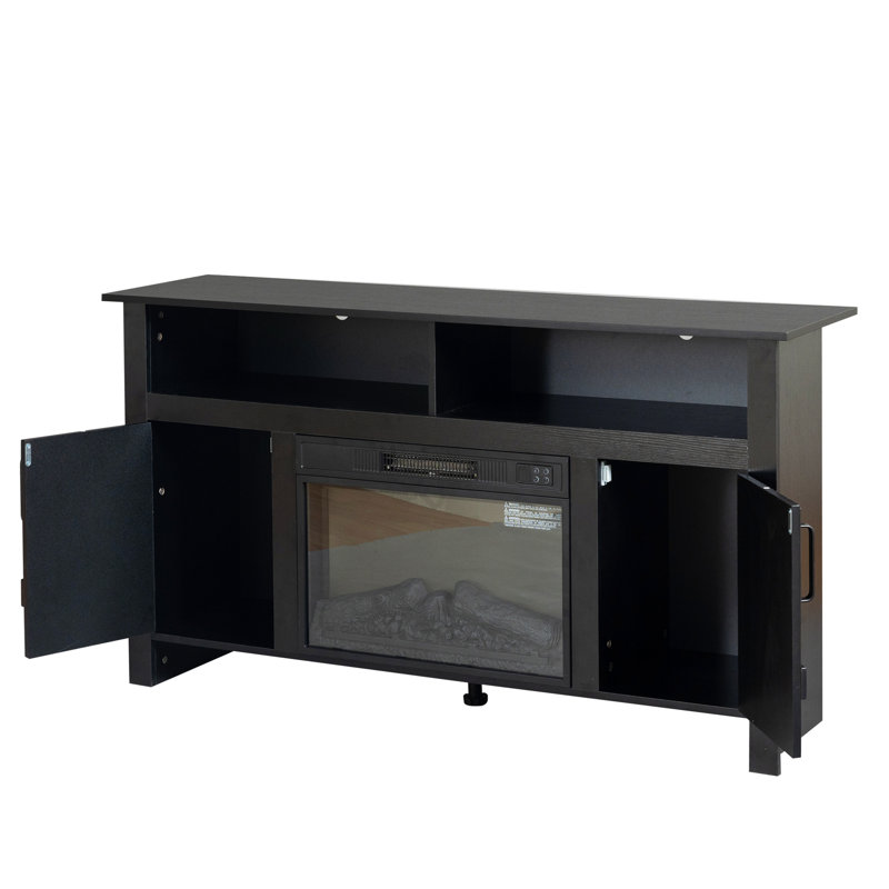 Meuble télé avec foyer électronique et télécommande, Noir, noir, noir, noir