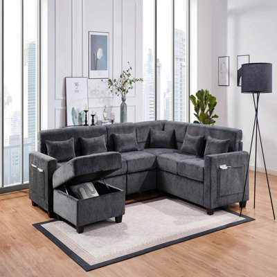 Canapé modulaire en chenille de 115 po de largeur gris avec dossier réglable, ports de charge, poches, capitonnage, repose-pieds avec rangement, coussins décoratifs
