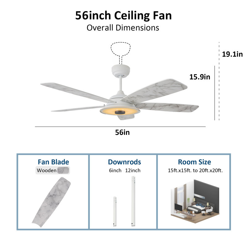 Ventilateur de plafond standard intelligent à 5 pales Gatha avec télécommande et ensemble d'éclairage inclus, Blanc, 56"