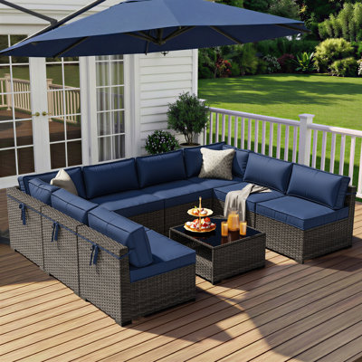 8-Person PE Wicker Patio Sectional Set with Storage Coffee Table & Blue Cushions