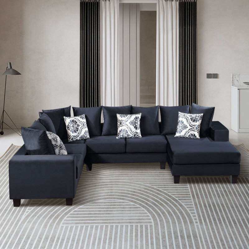 Canapé modulaire à méridienne rembourré Ahoufe, Velours noir