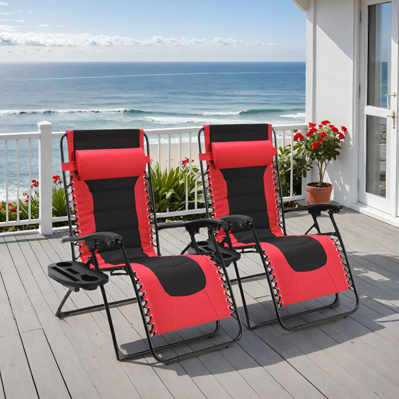 Padded Zero Gravity Chair, Set Of 2 Foldable Outdoor Patio Recliner, Anti Gravity Adjustable Lounger W/removable Pillows And Cup Holder Side Tables, 350 Lbs,  
