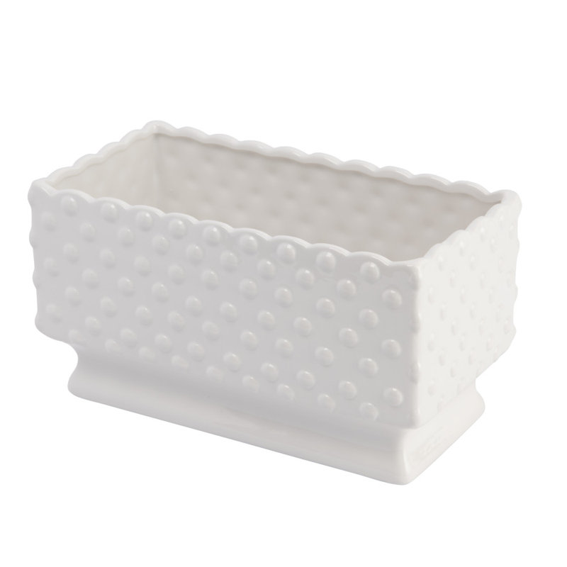 White Ceramic Hobnail Rectangle Planter with Scalloped Edge