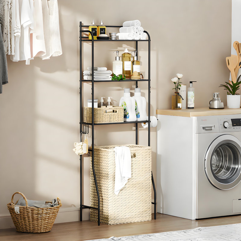 3-Tier Over The Toilet Storage Shelf, Freestanding Metal Bathroom Organizer with Hooks, Space Saving Bathroom Storage Rack