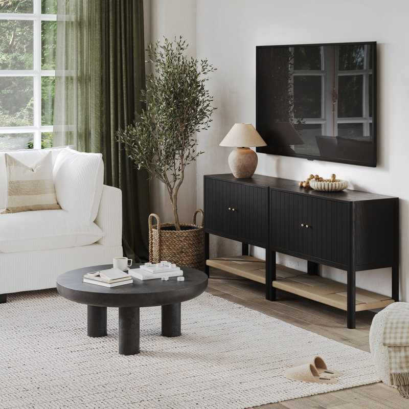 Wood Accent Cabinet Or TV Stand With Open Seagrass Storage, Black