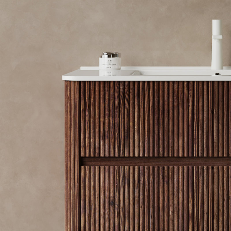 36" White and Deep Walnut Wall-Mounted Plywood Bathroom Vanity with Sink