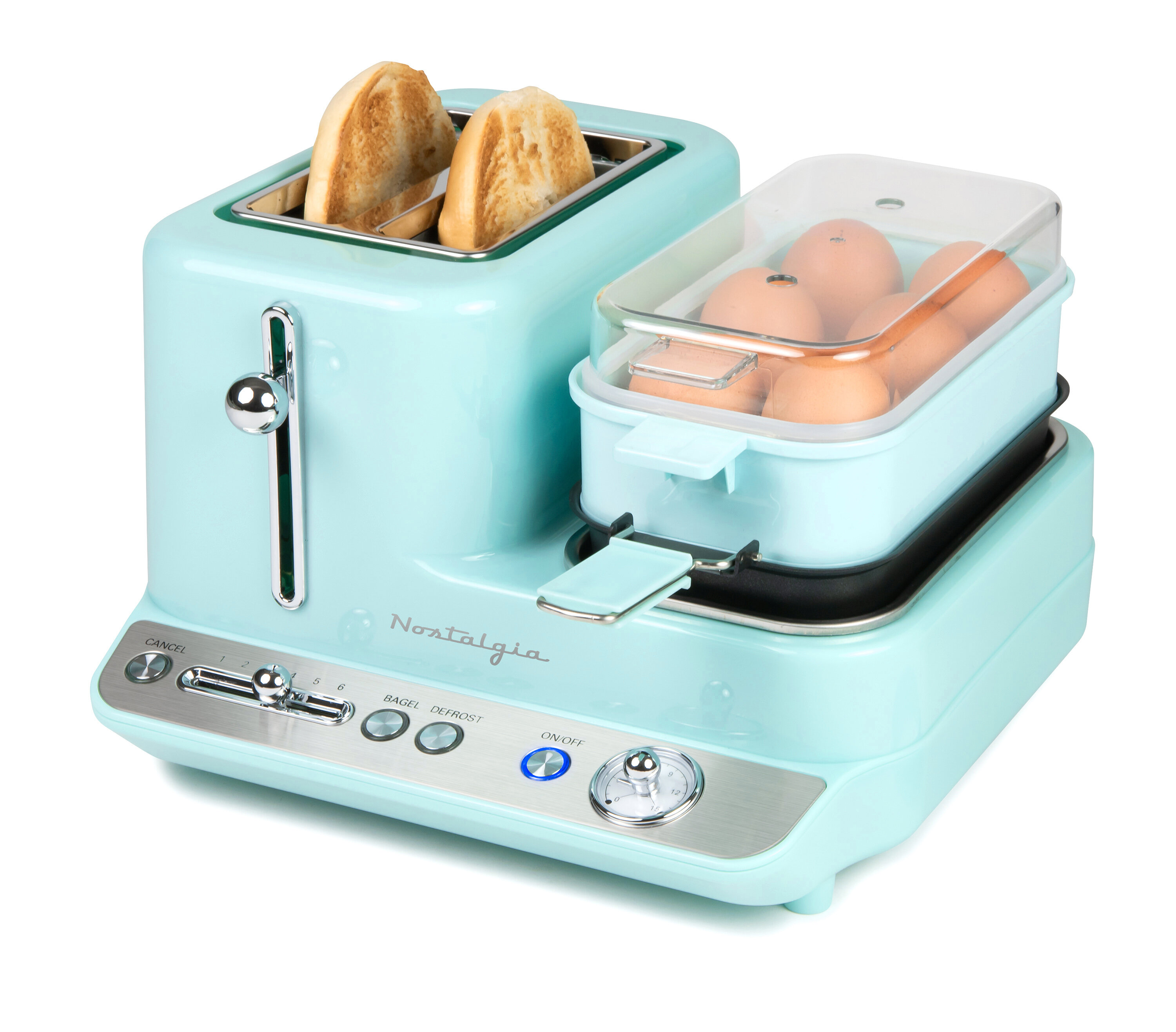 Nostalgia Retro 3-in-1 Family Size Electric Breakfast Station, Coffeemaker,  Griddle, Toaster Oven, Aqua