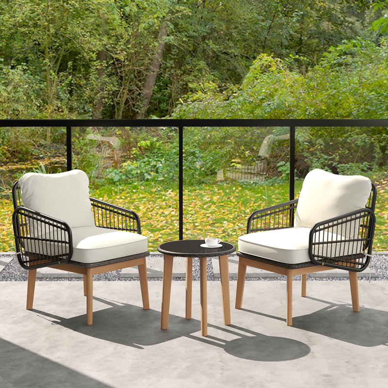 Corrigan Studio® 3 Piece Patio Chair Set Wicker Chair & Side Table Set w/ Soft Cushions & Tempered Glass Tabletop