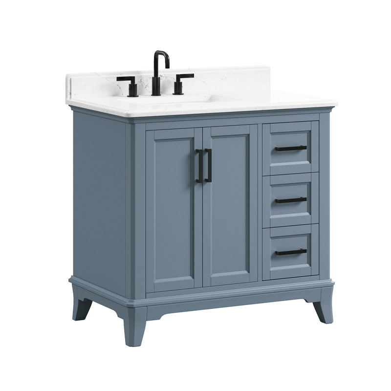 Free Standing Bathroom Vanity with Quartz Top, Matte Black, Steel Blue, 42"