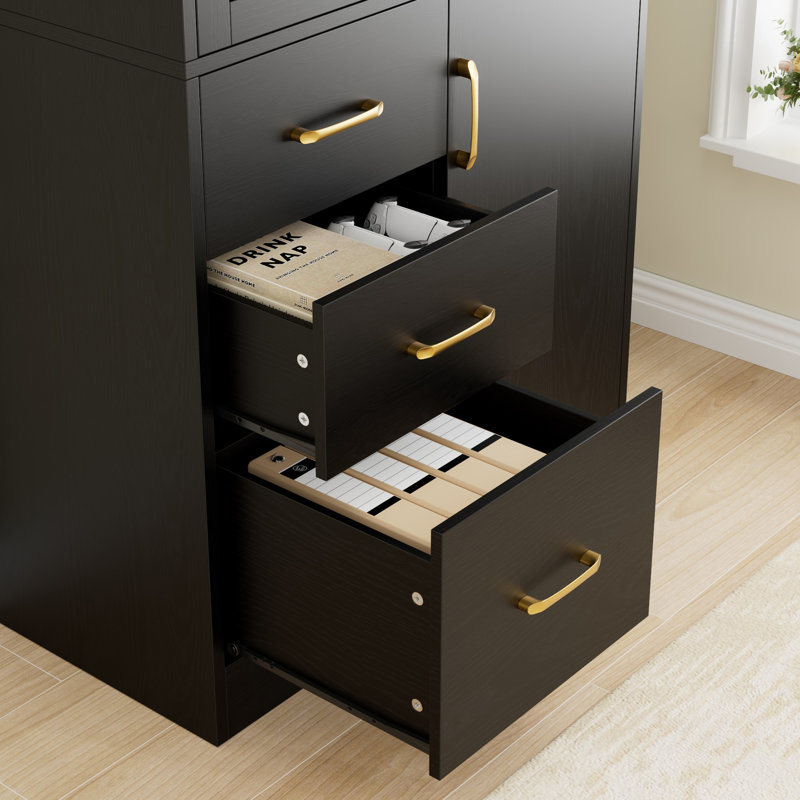 67.5" H x 30.7" W Standard Bookcase With File Drawer， Wood Storage Standard Bookshelves, Black
