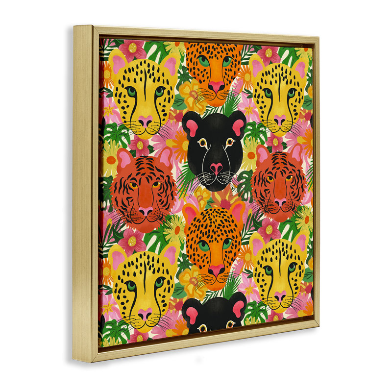 Cadre flottant Jungle Cats, par Carrie Cantwell, H 18 po x l 18 po, Cadre flottant métallique doré