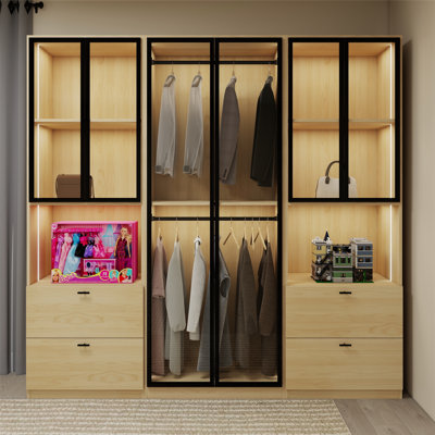 Modern Oak Wardrobe Closet with LED Lighting, Glass Doors, and Soft-Close Drawers – 96"W x 93"H x 21"D combination