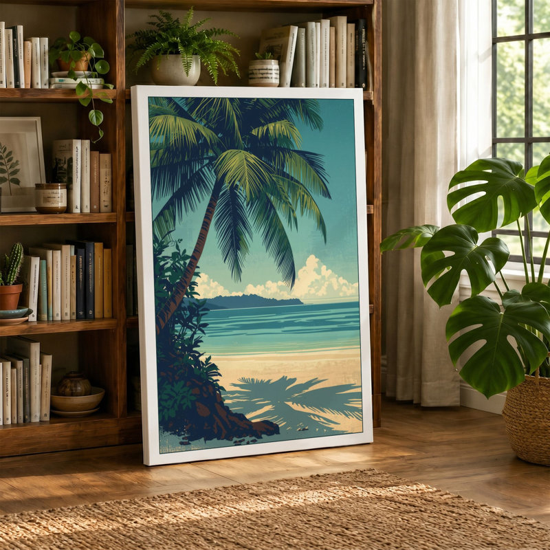 Tropical Shoreline Coastal - Wrapped Canvas, 30x20 - 76.2 x 50.8 cm, Teal Border