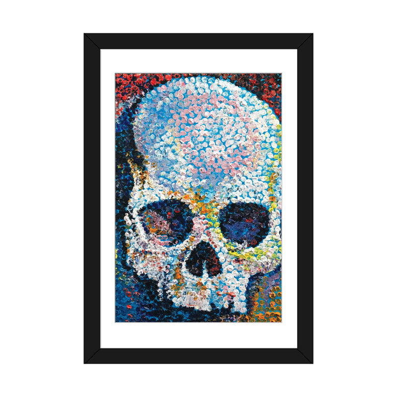 « pointillism crâne », reproduction d’art sur toile, H 24 po x l 16 po x P 1 po, Papier d'art encadré noir, Blanc