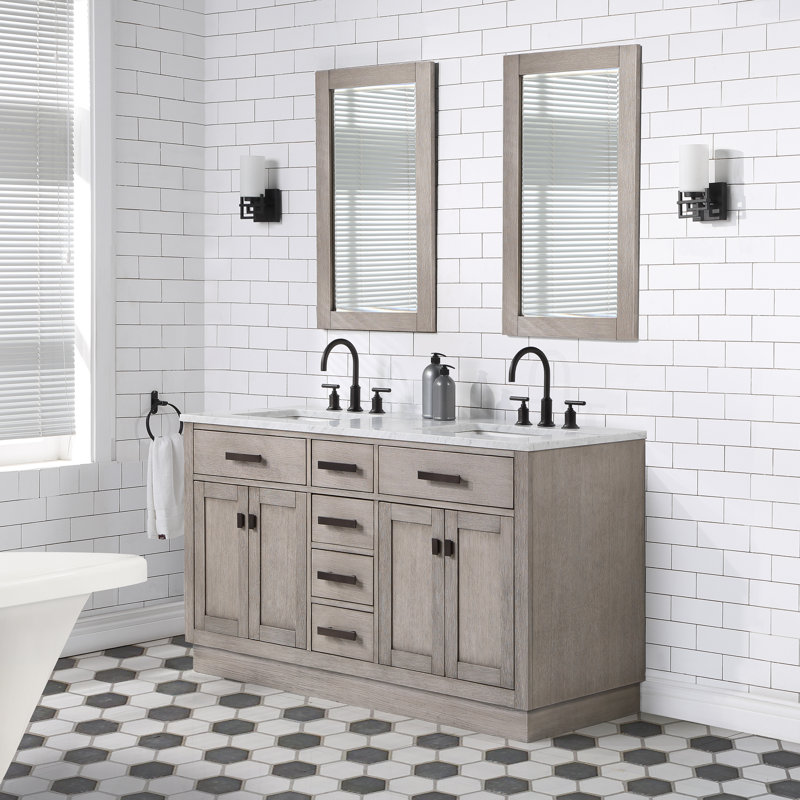 Chestnut 60" Carrara White Marble Countertop Bath Vanity with Faucet, Gray Oak