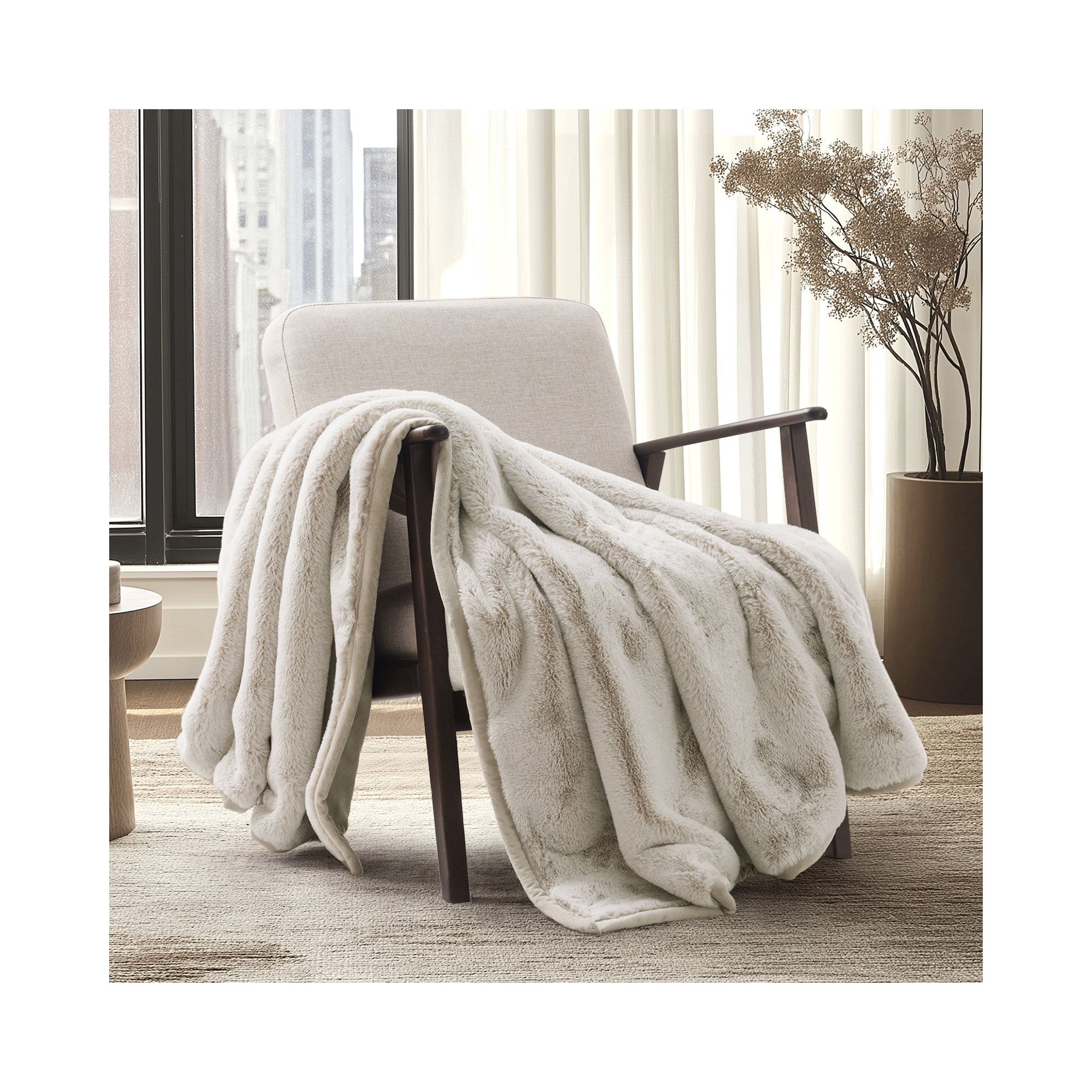 Luxury Mink Faux Fur Throw Blanket, Tipped Champagne Ivory, 60" W x 80" L