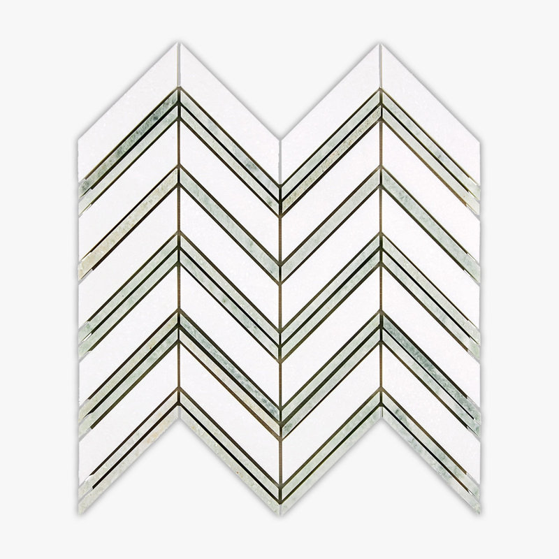 Carreau de marbre à motif de chevrons 14 po x 12 po Thassos, Blanc/vert