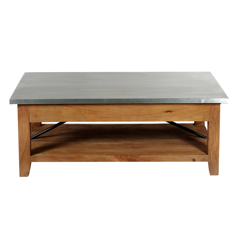 Industrial Rustic Wood and Zinc Metal Coffee Table with Shelf