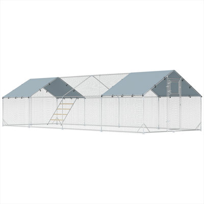 26 x 10 x 6 ft Walk-In Chicken Run with Built-In Feeder and practical Shade Cover in Silver