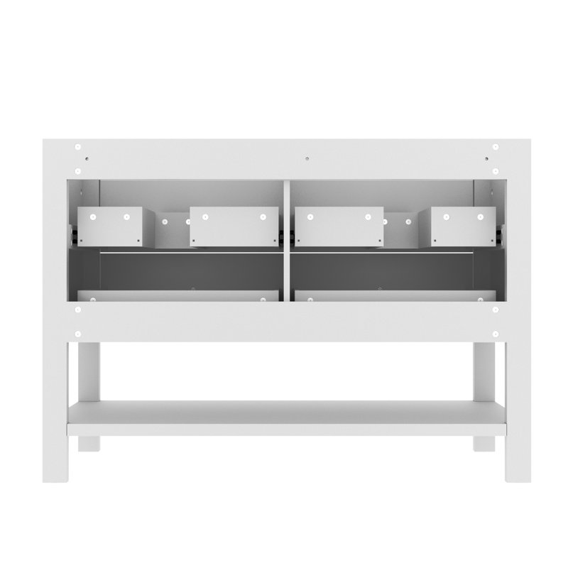 Sharee 48“ Double Sink Bathroom Vanity With Resin Countertop, Zinc Alloy Faucet, 4 Smooth Drawers 1 Open Shelf, White
