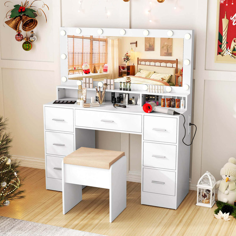Bureau de maquillage avec miroir et lumières, Blanc
