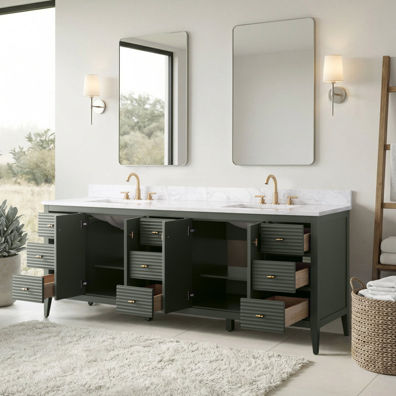 Ensemble de meuble-lavabo autoportant à double cuve 84 po avec plateau en marbre Lavallon, Linéaire vert rétro, Doré brossé