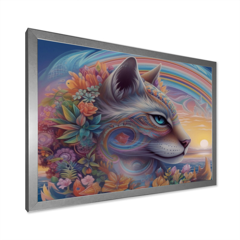 Chat arc-en-ciel magique avec fleurs sur toile, H 16 po x l 32 po x P 1 po, Cadre simple argenté