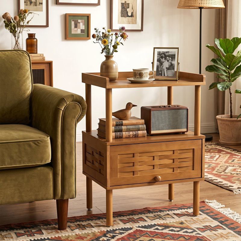 Table de chevet en rotin de bambou avec table d'appoint et porte rabattable