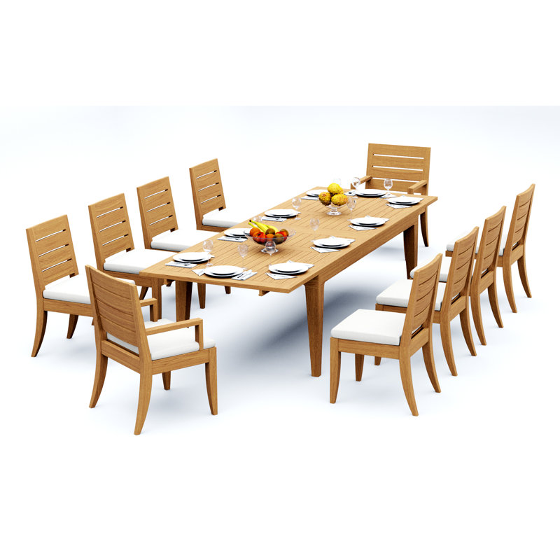 Ensemble de salle à manger 11 pièces en bois de teck de qualité A: table rectangulaire à double extension Caranas de 122 po et 10 chaises Atnas (2 et 8 chaises sans accoudoirs) # 11AT2902