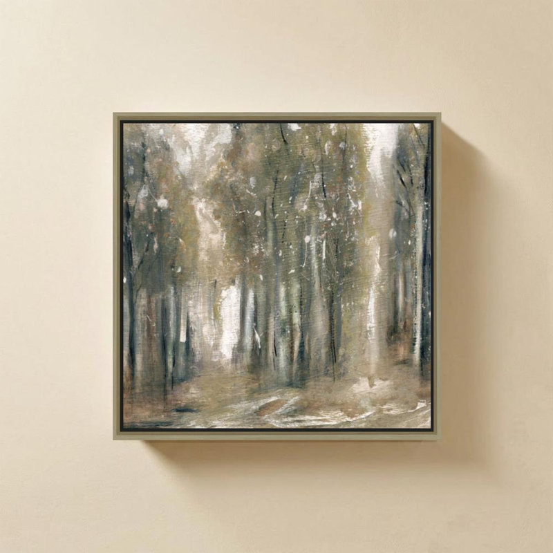 Là où les arbres se rassemblent par Susan Jill - Graphisme sur toile, H 30 po x l 30 po, Cadre flottant biseauté, Champagne