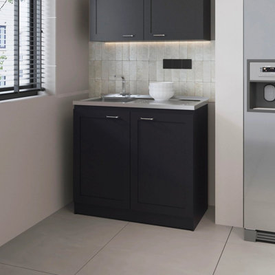 Black 2-Door Utility Sink Base Cabinet Interior Shelf
