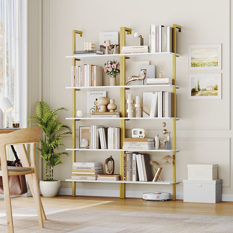 Bibliothèque étagère en fer H 72,6 "x l 23,6" Cayden-James, Blanc / Laiton, Ensemble de 2