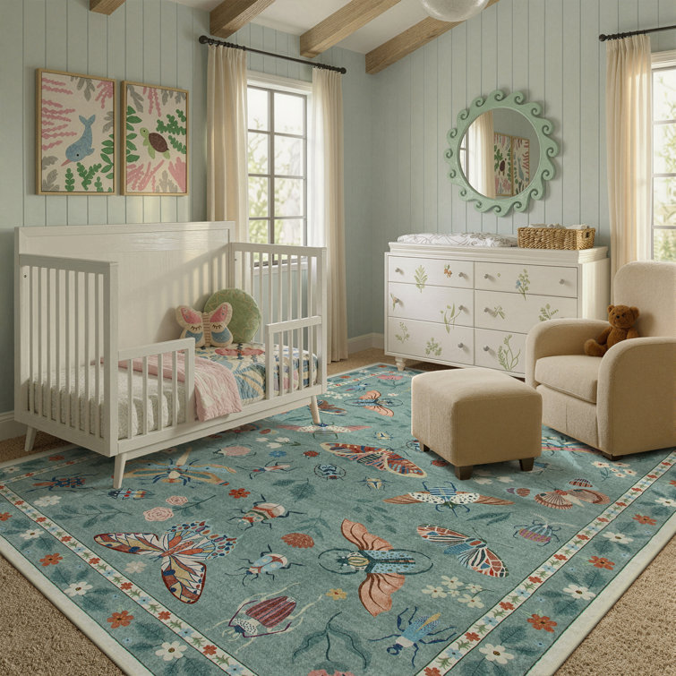 Goldene Animal and Insect Washable Floor Mat - Non-Slip Area Rug Non Slip Green Area Rug Low Pile Stain Resistant Throw Carpet for Dining Room