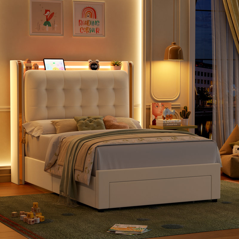 Velvet Upholstered Storage Bed With LED Lights & Charging Station, Twin
