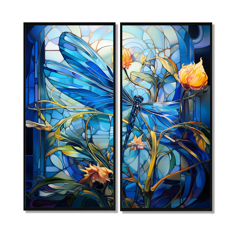 Blue Dragonfly Yellow Flowers - Modern Wall Art, 20" H x 24" W, Impression encadrée flottante, Black