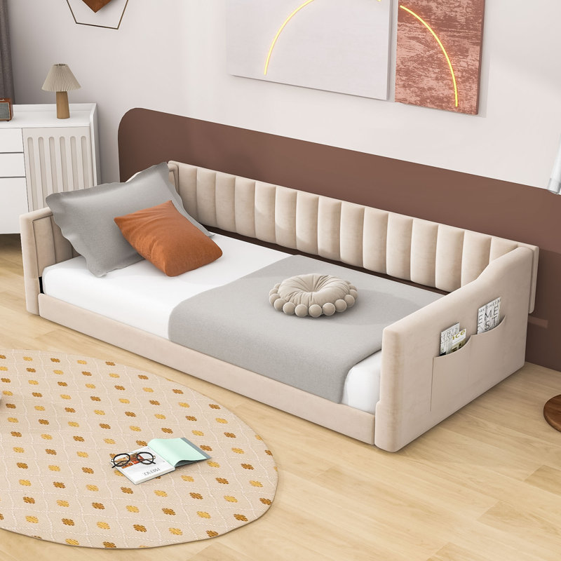 Lit de jour rembourré avec poche de rangement, Beige, Simple extra long