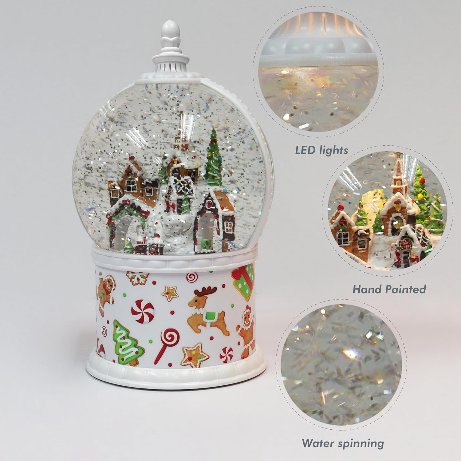 11.7"H Acrylic Gingerbread Globe - LED Lights, Water Spinning Glitter, Battery - Hand-Painted Resin