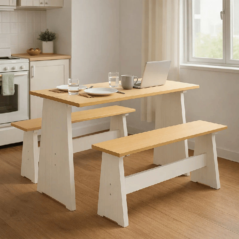 28.94" Chapman Compact Solid Wood 3-Piece Dining Set with Table & Benches – Natural White & Oak Finish, White