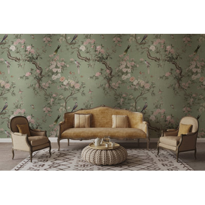 Chinoiserie Birds Blossom Peel and Stick Wallpaper | Vintage Botanical Floral Wall Mural for Bedroom & Living Room