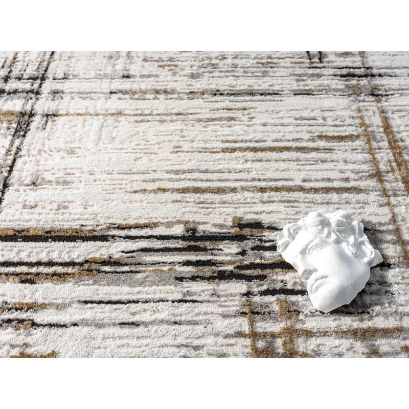 Tapis à motif abstrait contemporain crème / onyx Gionata Collection, Rectangle 7 pi x 10 pi 10 po