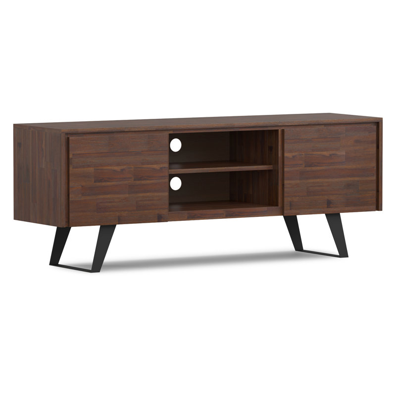Lowry 63"W Solid Acacia Wood Industrial TV Stand for TVs up to 70" with 2 Cabinets and Open Shelf, Distressed Charcoal Brown