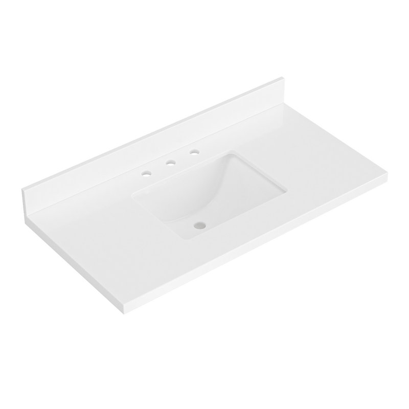 Comptoir de meuble-lavabo en quartz blanc pur 43 po Ariel avec rebord à onglet de 1,5 po d'épaisseur avec lavabo simple rectangulaire à gauche et dosseret inclus