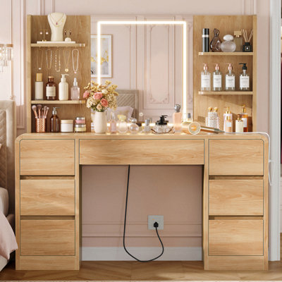 Vanity Desk with LED Lighted Mirror & Charging Station, Makeup Vanity with 7 Drawers &  5 Jewelry Hooks, Vanity Table for Bedroom, Natural
