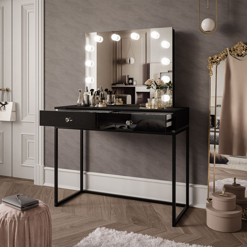 Anashima Dressing Table with Mirror, Black/Black high gloss/White crystal